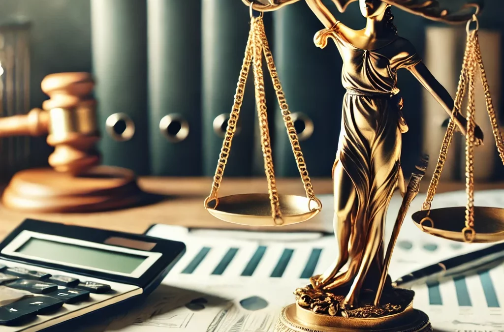 DALL·E 2025 02 11 16.59.29 A symbolic and professional image of a golden scale of justice placed on a desk with financial documents tax forms and financial charts in the backg