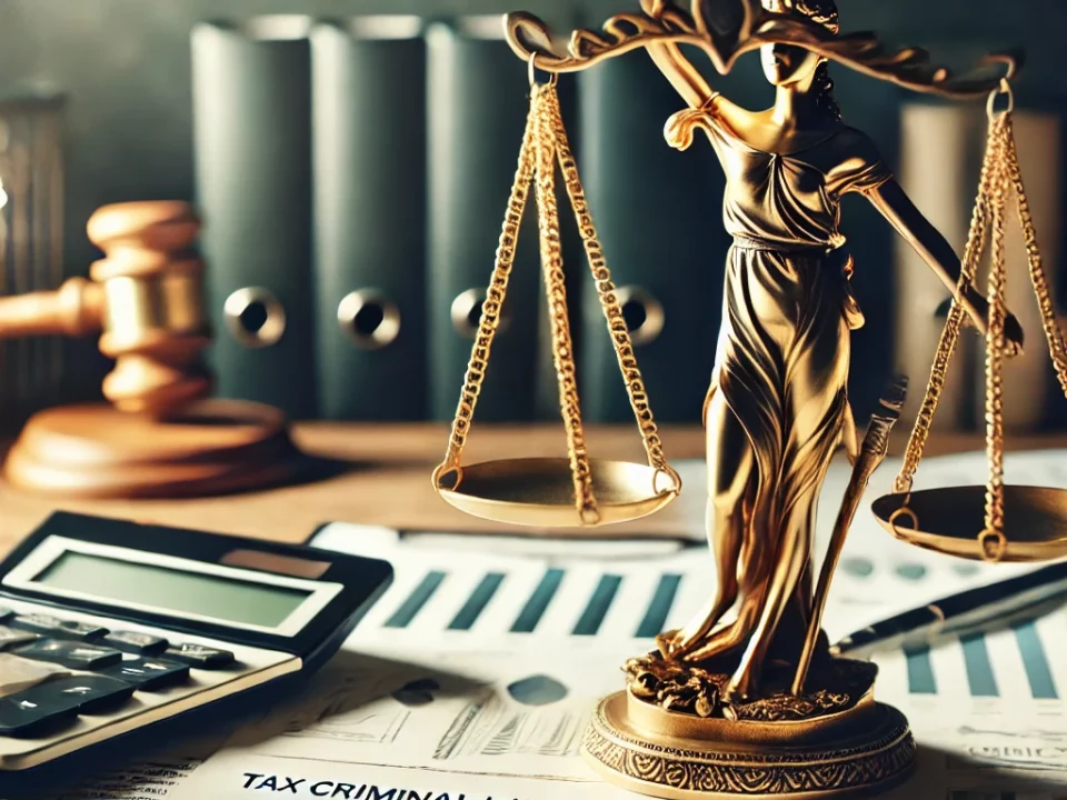DALL·E 2025 02 11 16.59.29 A symbolic and professional image of a golden scale of justice placed on a desk with financial documents tax forms and financial charts in the backg