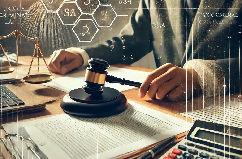 DALL·E 2025 02 11 17.03.42 A conceptual and symbolic image representing tax criminal law. A courtroom desk with a judges gavel financial documents a calculator and a legal c