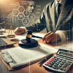 DALL·E 2025 02 11 17.03.42 A conceptual and symbolic image representing tax criminal law. A courtroom desk with a judges gavel financial documents a calculator and a legal c