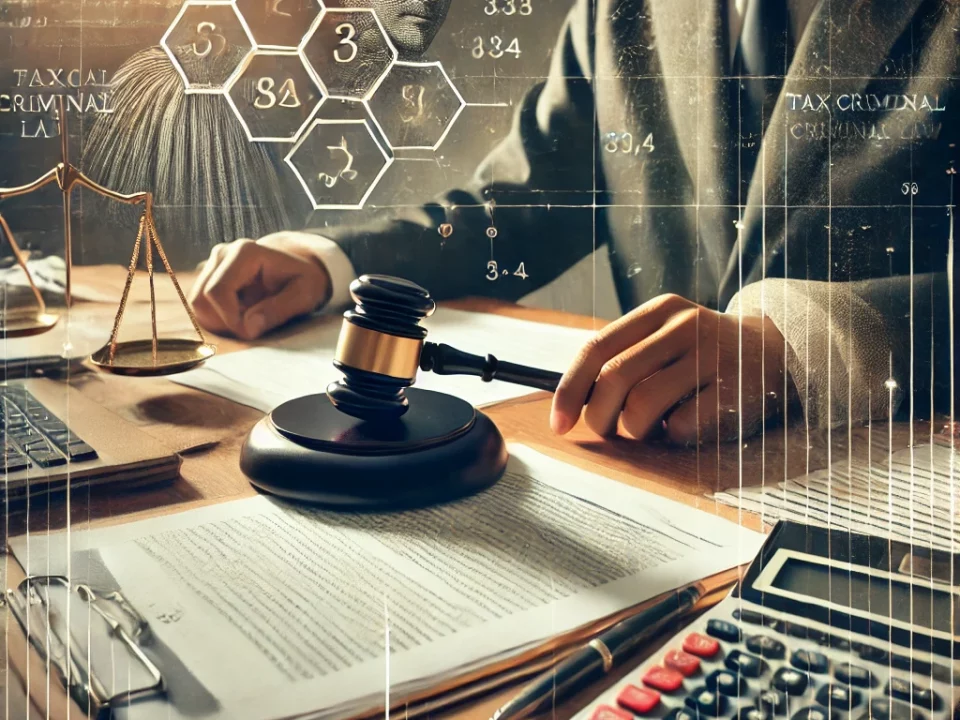 DALL·E 2025 02 11 17.03.42 A conceptual and symbolic image representing tax criminal law. A courtroom desk with a judges gavel financial documents a calculator and a legal c